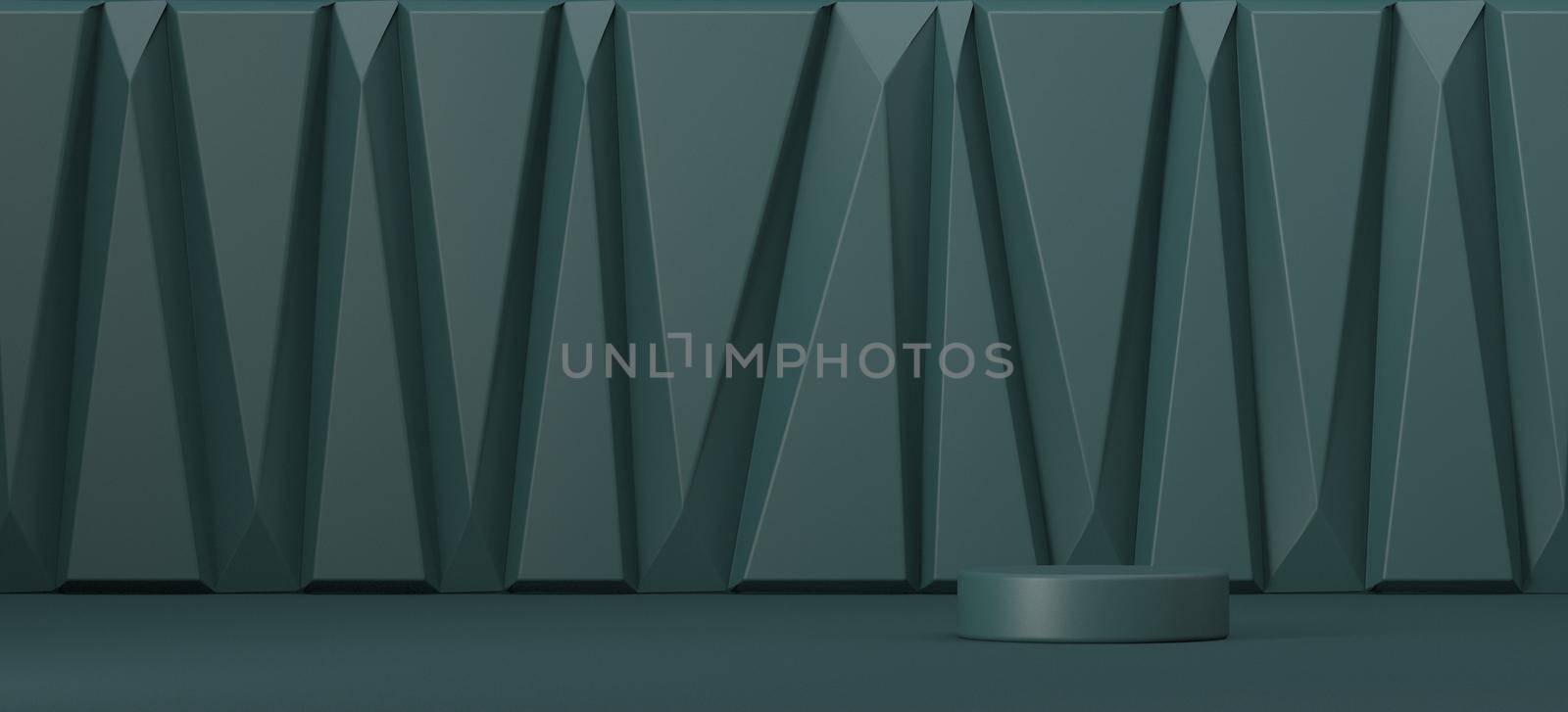 Mock up podium for product presentation with triangles on wall 3D render illustration on green background