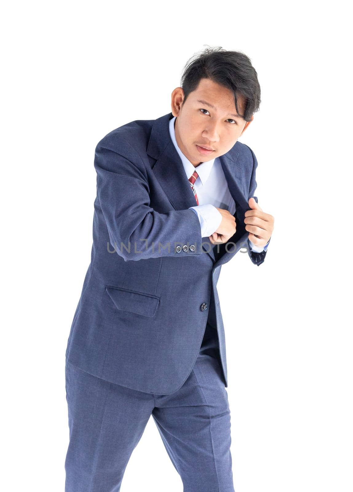 Young asian business men portrait holding phone in suit over white background