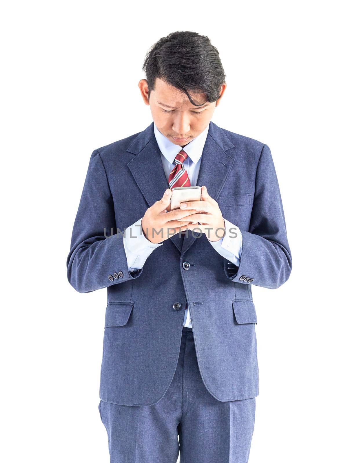 Young asian business men portrait holding phone in suit over white background