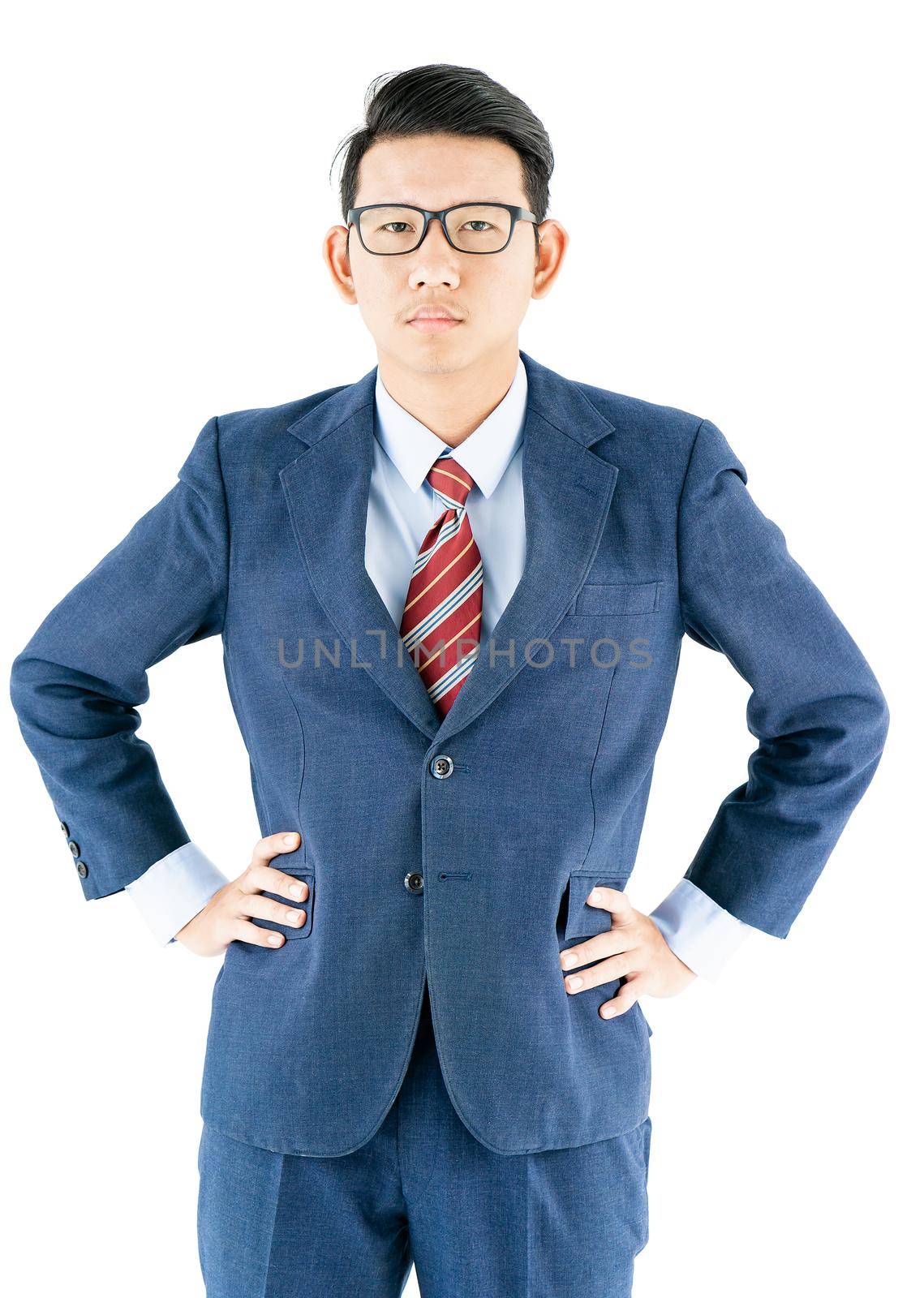 Young asian businessman portrait in suit and wear glasses over white background