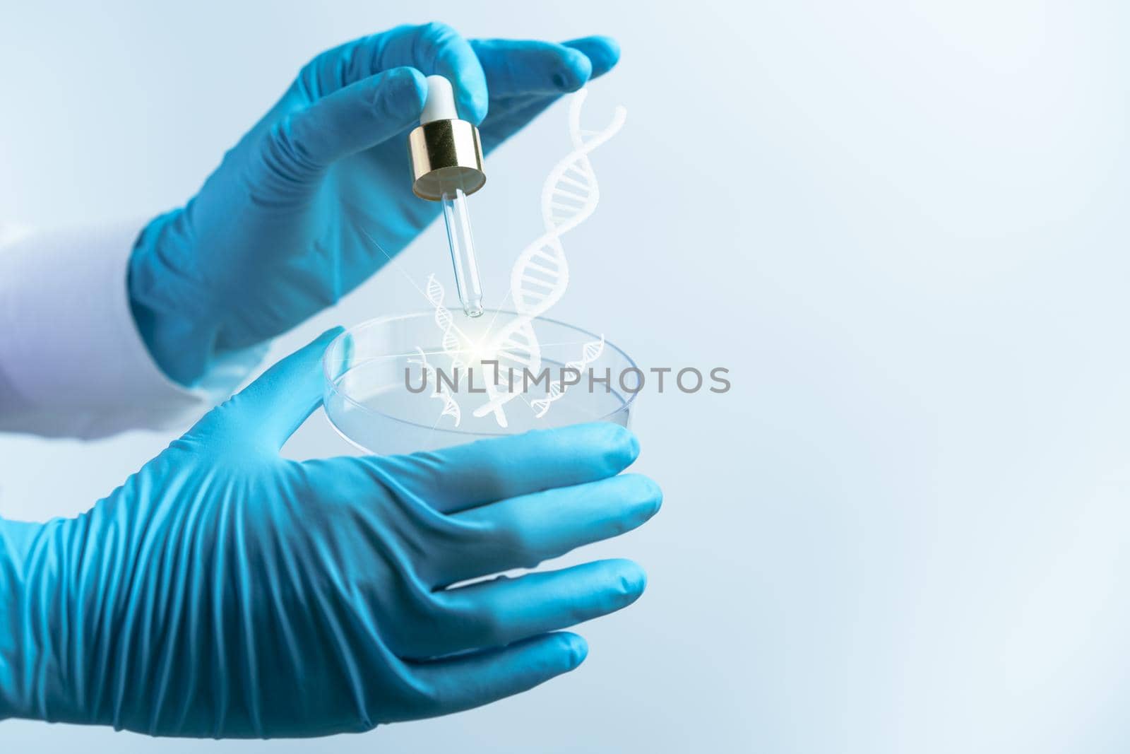 Scientist hand holding a petri dish with DNA, scientific background. 3d rendering. by sirawit99