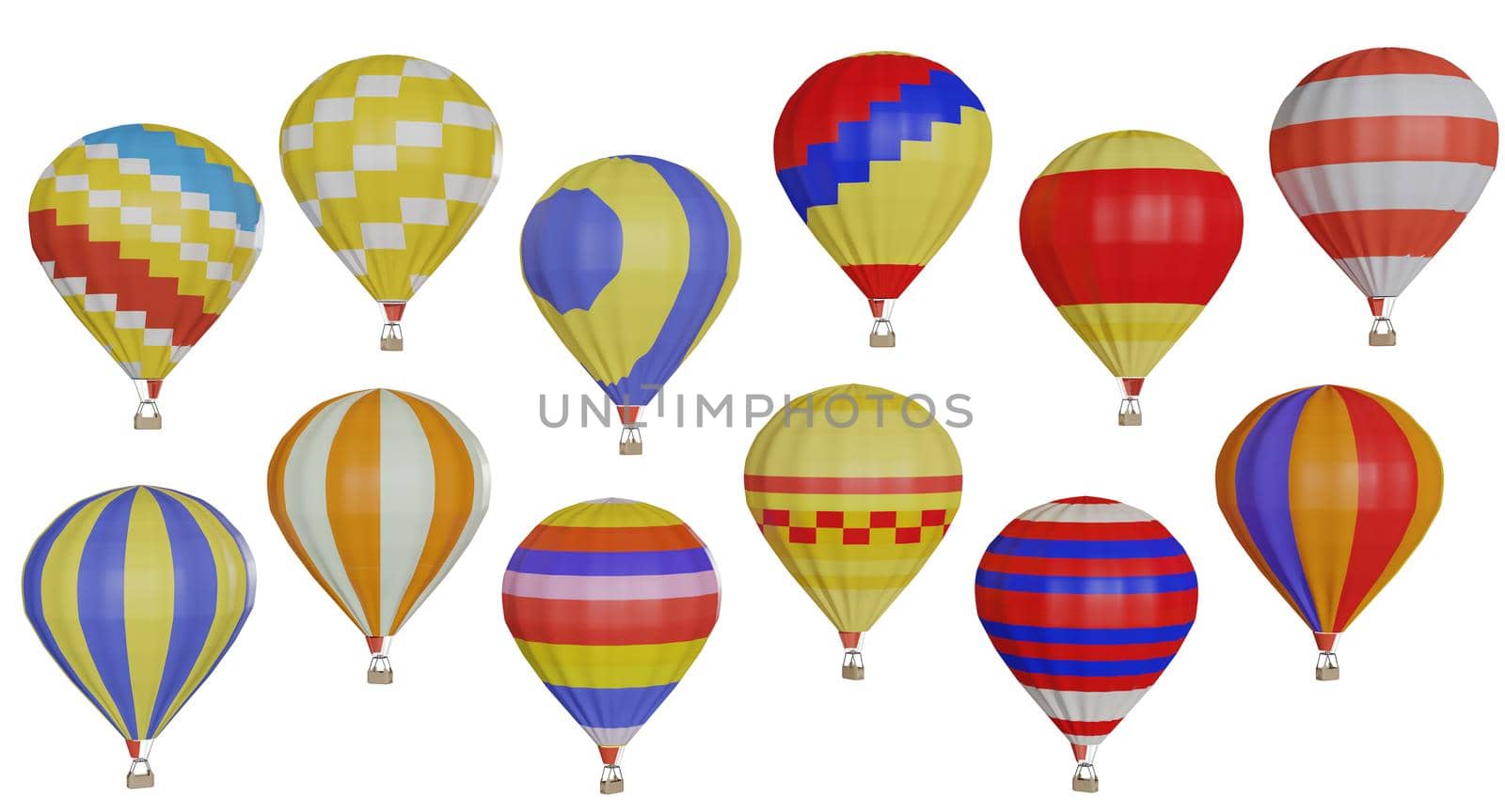 A group of colorful hot-air balloons floating isolated on white backgronud. 3D by sirawit99