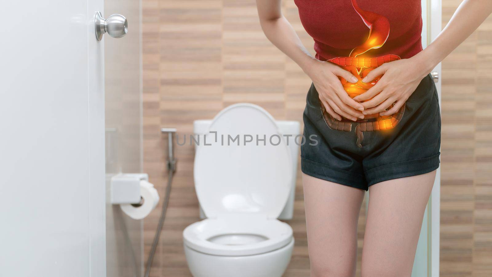 Abdominal pain woman, photo of large intestine on woman body, stomachache diarrhea symptom, menstrual period cramp or food poisoning. Health care concept.