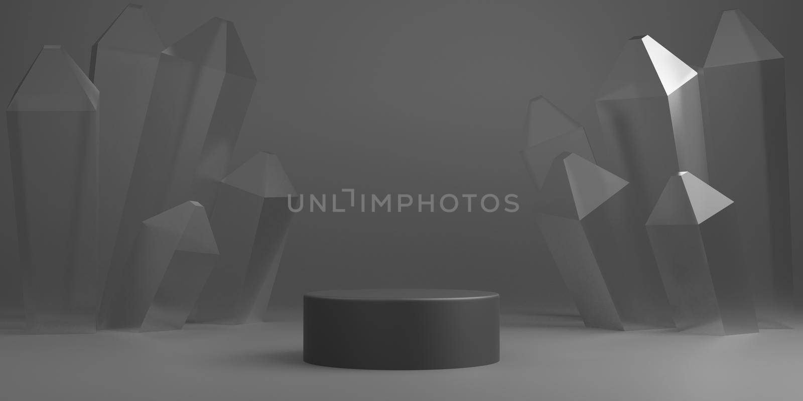 Grey minimal abstract background cylinder podium with crystal shape, Stage for product. 3d rendering