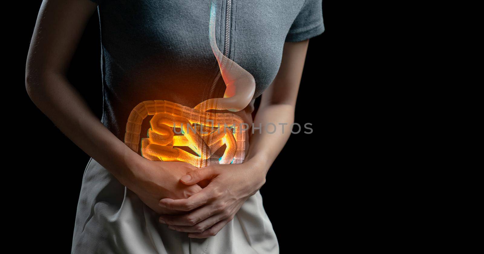 Abdominal pain woman, photo of large intestine on woman body, stomachache diarrhea symptom, menstrual period cramp or food poisoning. Health care concept. by sirawit99