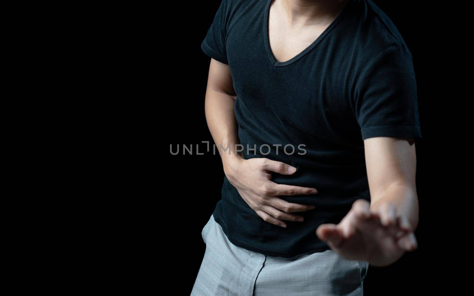 Man abdominal pain, photo of large intestine on body, stomachache diarrhea symptom, menstrual period cramp or food poisoning. Health care concept.