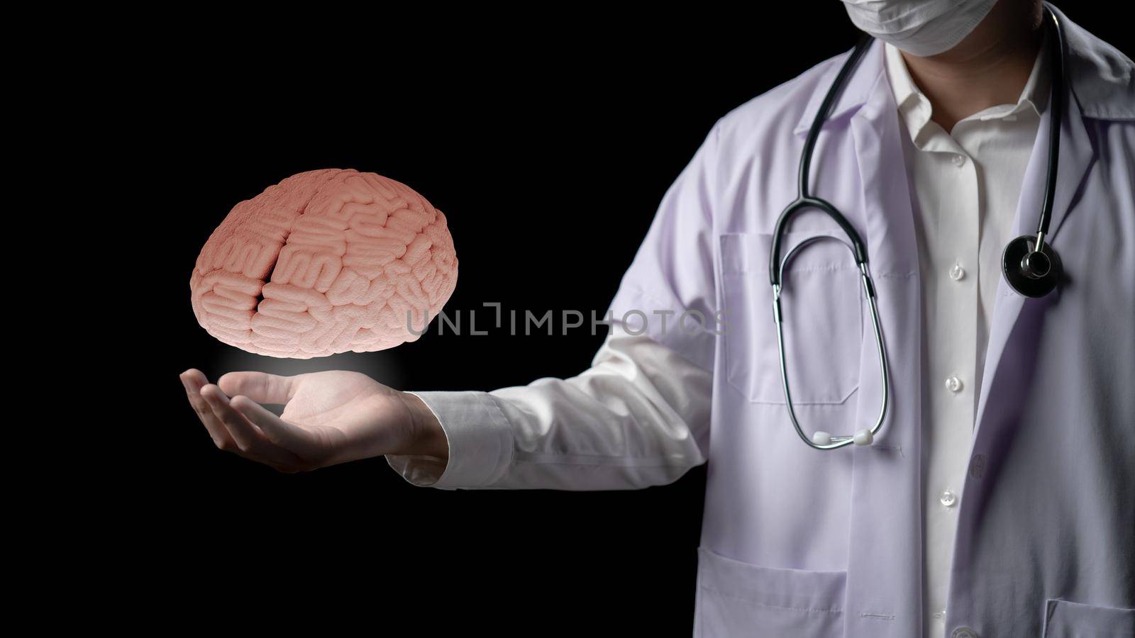 Doctor hand with graphics of human brain structure. 3D rendering
