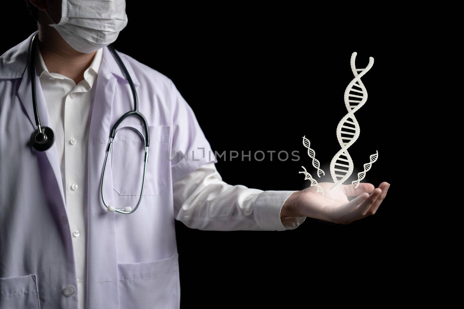 Doctor hand with graphics DNA structure. 3D rendering by sirawit99