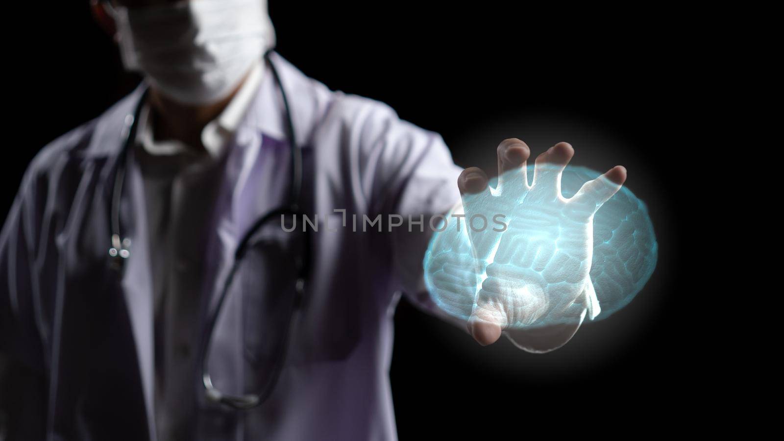 Doctor hand with graphics of transparent human brain structure. 3D rendering by sirawit99