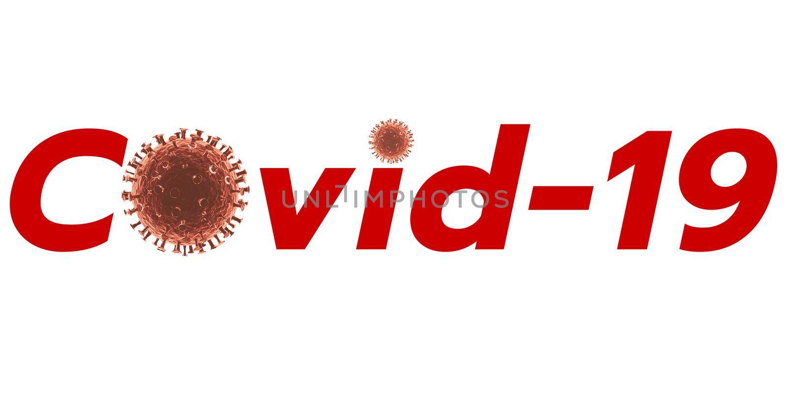 Red text COVID-19 with virus graphic on white background, name for Coronavirus disease. 3d