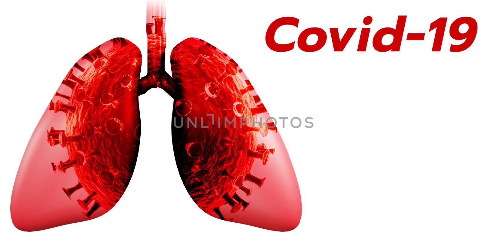 Red text COVID-19 with virus in lung graphic on white background, name for Coronavirus disease. 3D by sirawit99