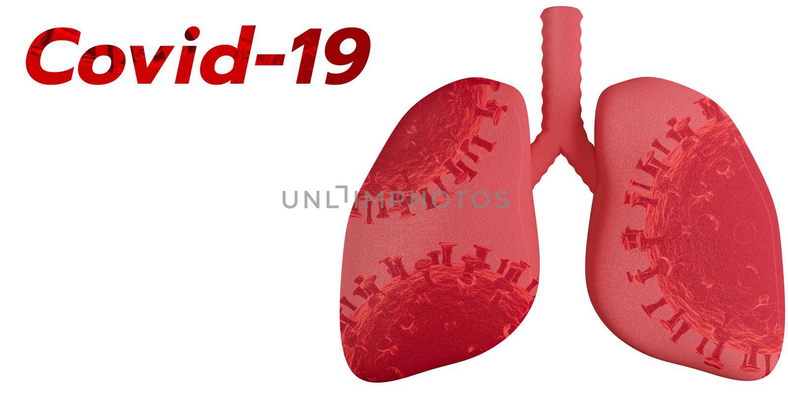 Red text COVID-19 with virus in lung graphic on white background, name for Coronavirus disease. 3d