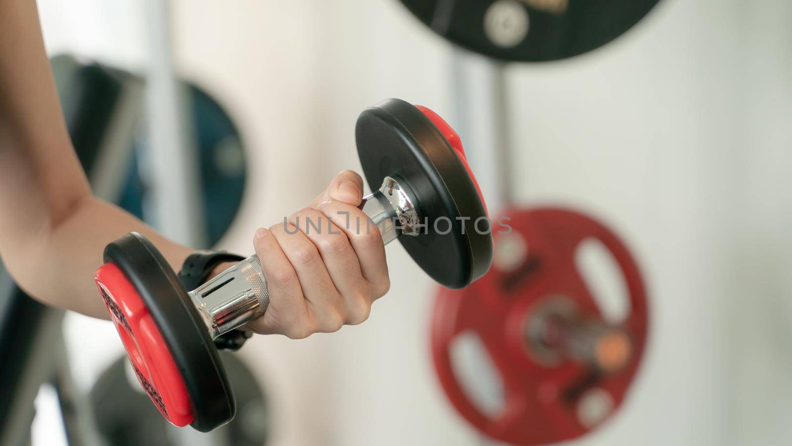 Close-up of a young woman exercising with weights in the gym.