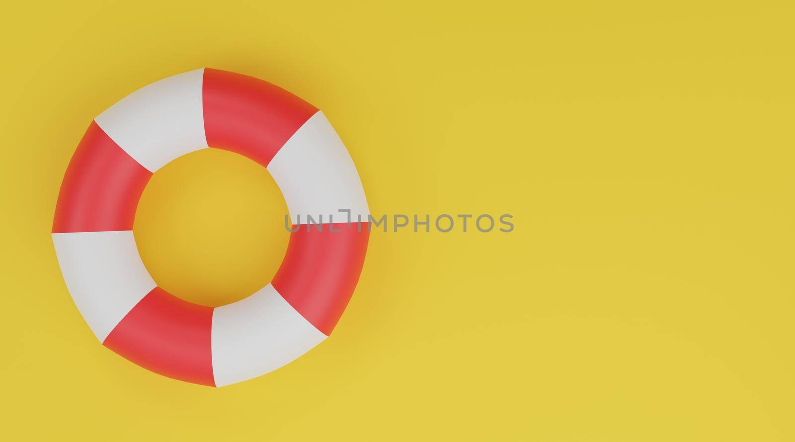 Swimming ring 3D, Life buoy red and white on yellow background