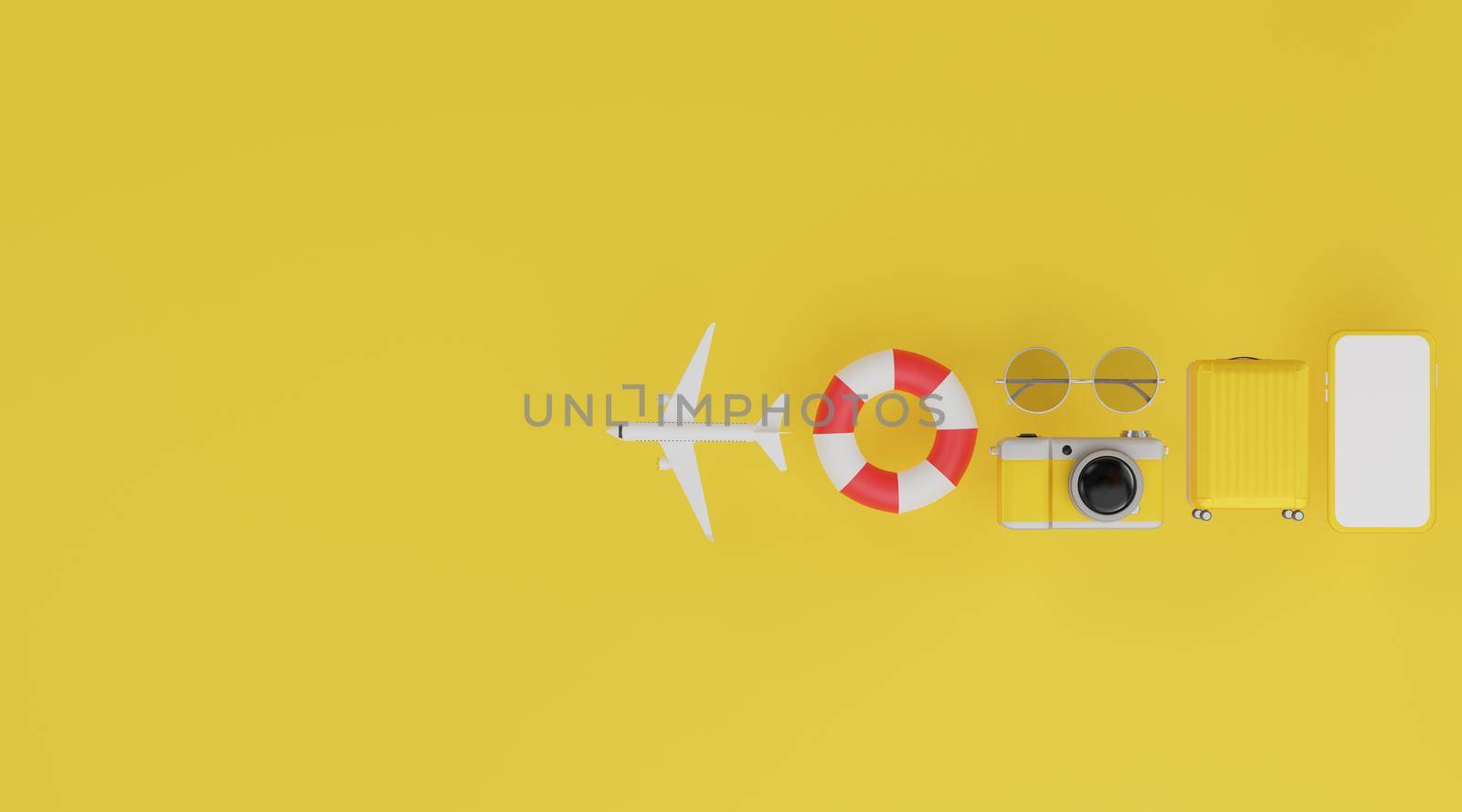 Happy New year 2021: White screen mobile mockup, swimming rubber ring, airplane, luggage, camera and sunglasses over yellow background travel concept. 3d rendering