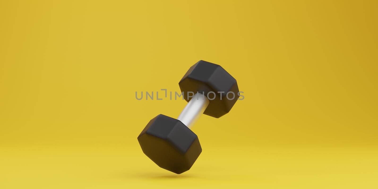 Black dumbbell on a yellow background. 3d rendering by sirawit99