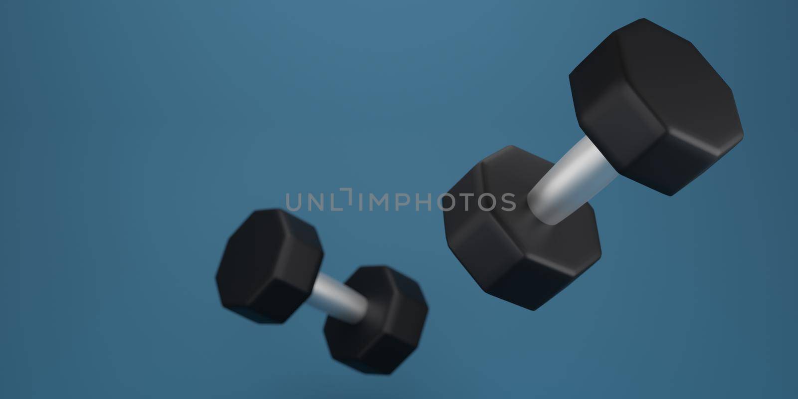 Black dumbbell on a blue background. 3d rendering