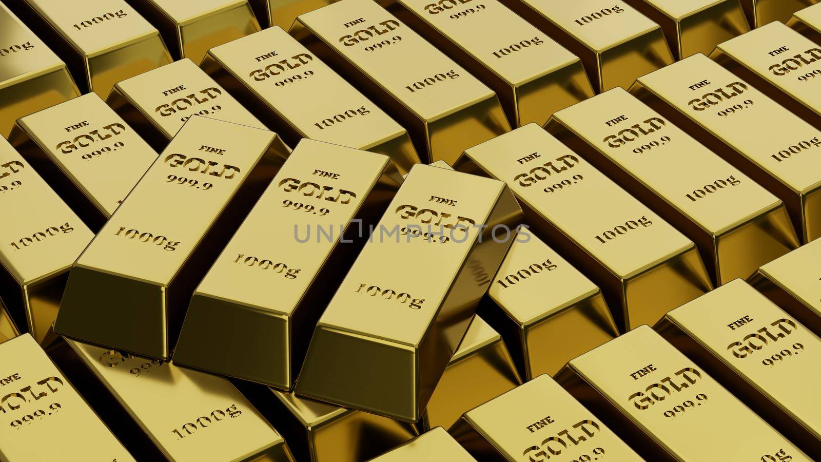 Shiny gold bars stacked. Concept of banking and wealth. 3D