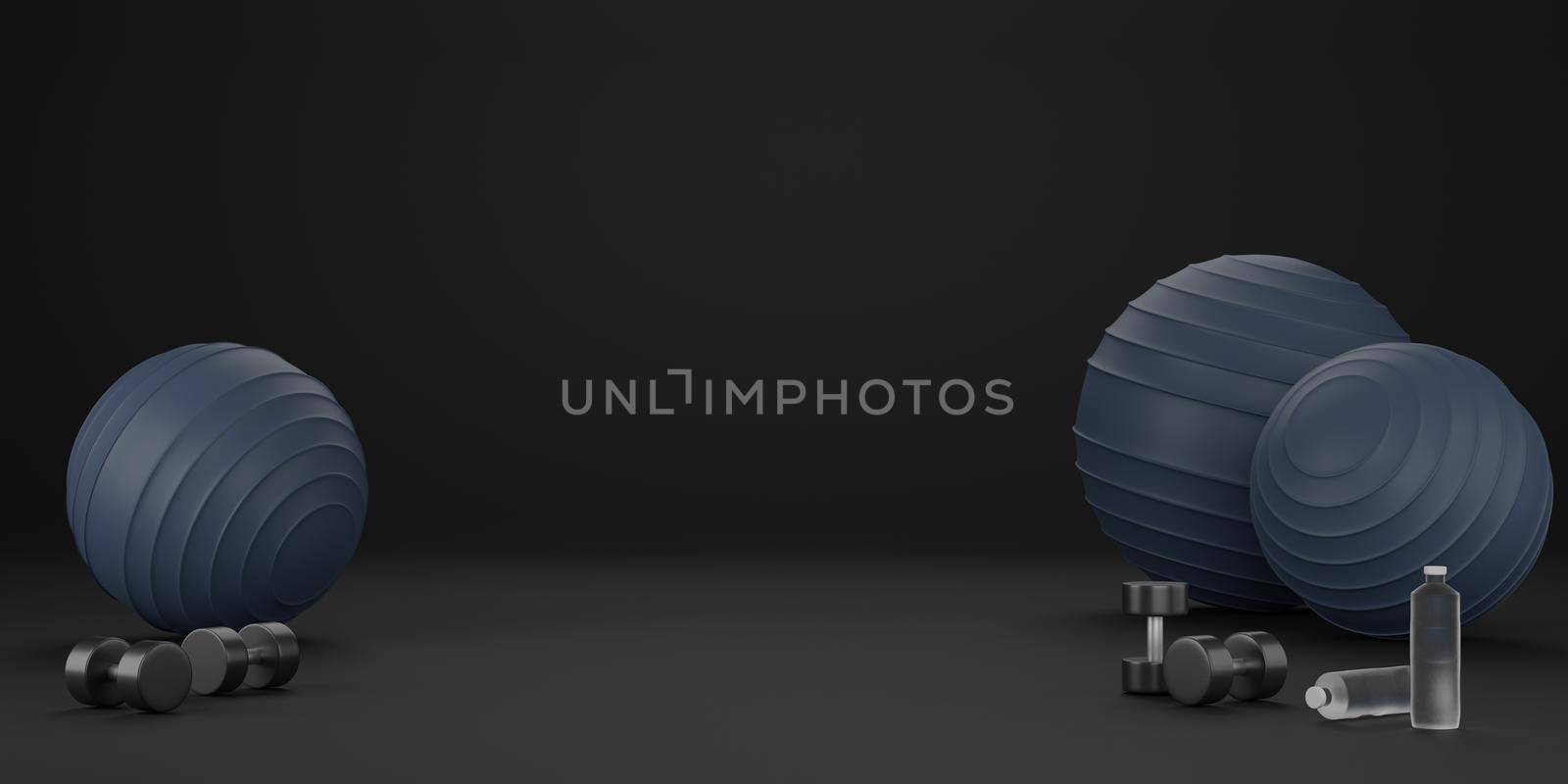 Metal dumbbell, blue fit-ball and drinking water bottle. Equipment for fitness on black background. 3D Rendering