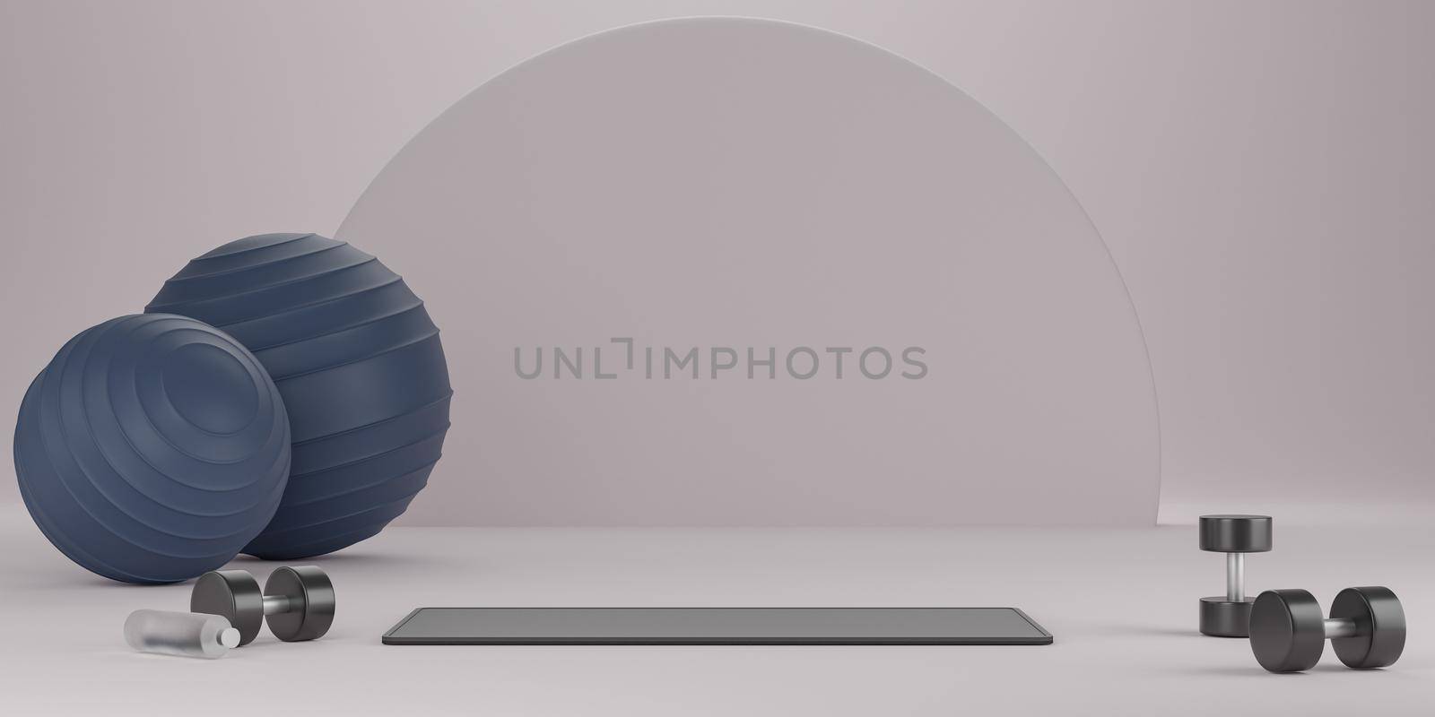Metal dumbbell, fit ball, yoga mat and drinking water bottle. Equipment for fitness on white background. 3D Rendering by sirawit99