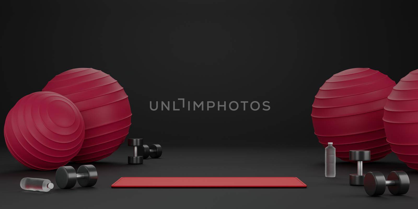 Metal dumbbell, red fit ball, yoga mat and drinking water bottle. Equipment for fitness on dark background. 3D Rendering