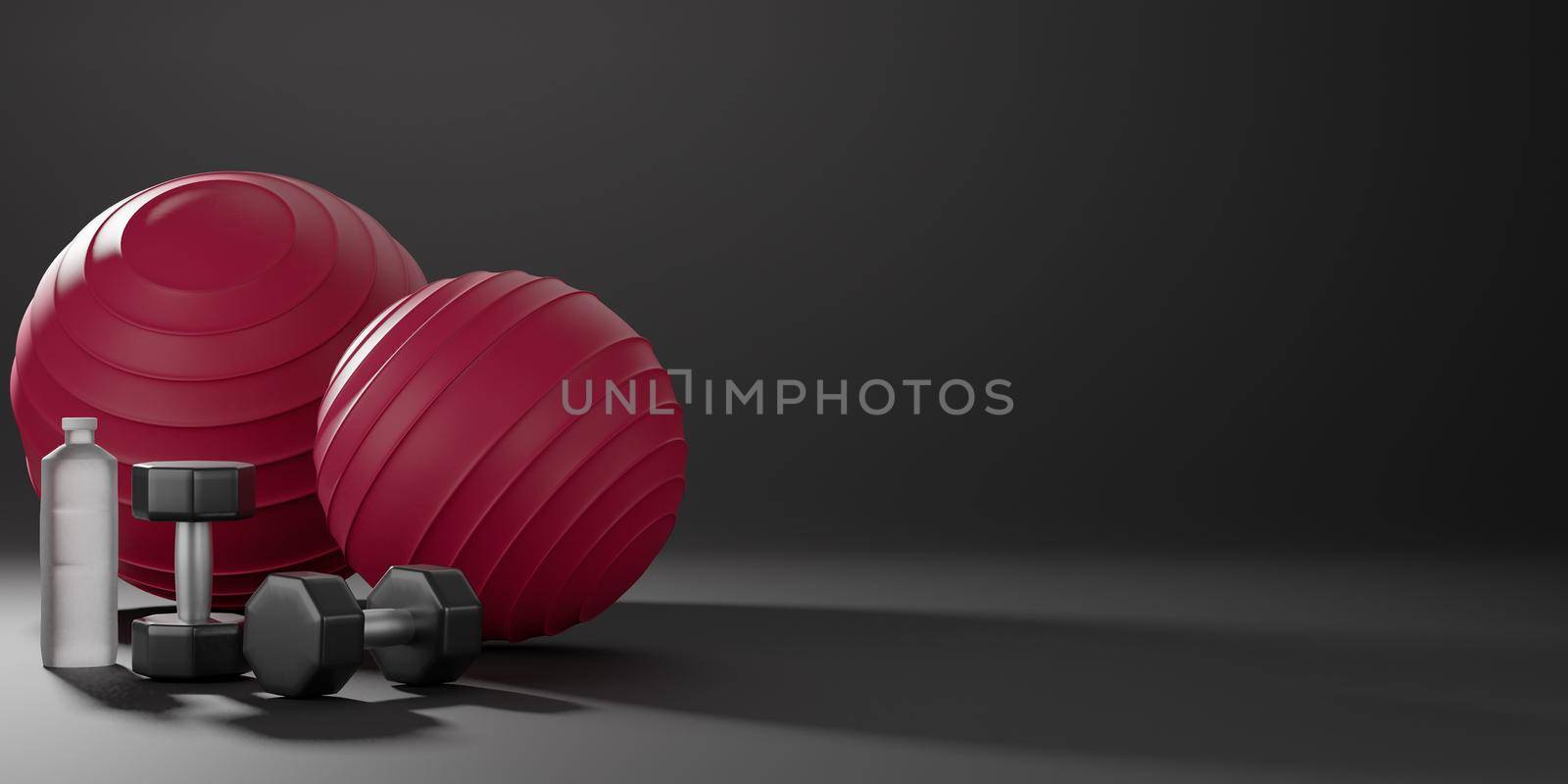 Metal dumbbell, red fit-ball and drinking water bottle. Equipment for fitness on black background. 3D Rendering