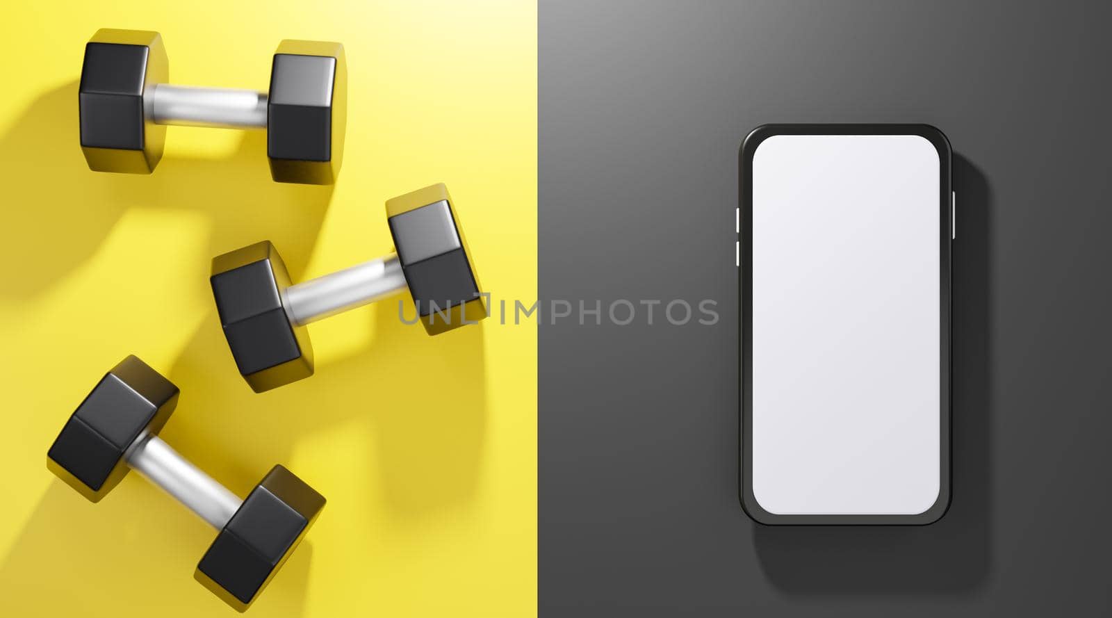 Metal dumbbell with white screen mobile mockup, Equipment for fitness on yellow and black background. 3D Rendering by sirawit99