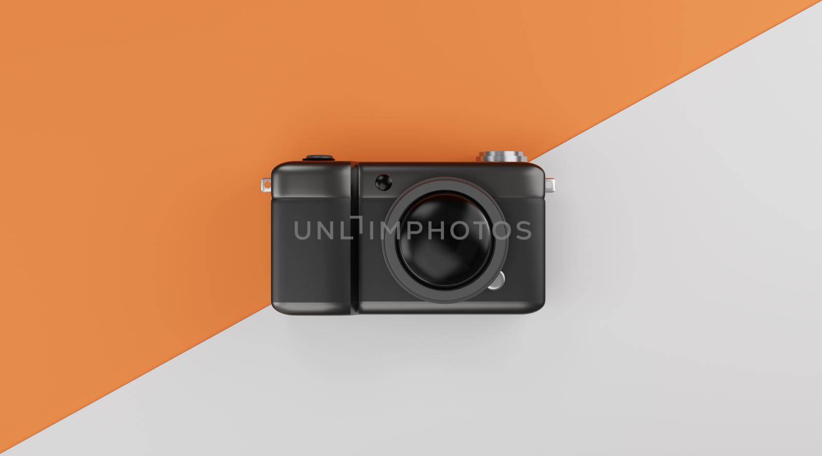 Black compact camera over orange and white background travel concept. 3d rendering by sirawit99