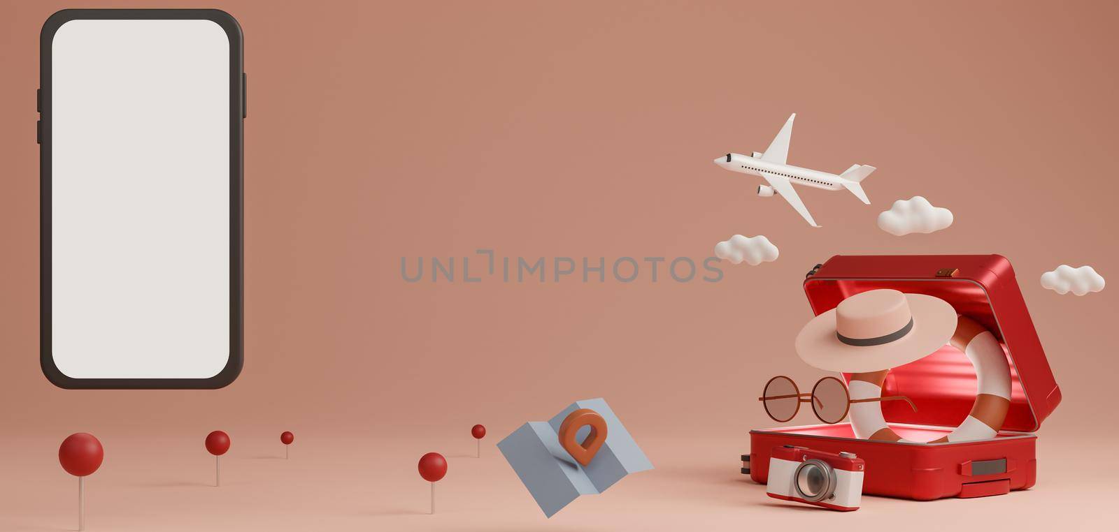White screen mobile mockup with airplane, camera, suitcase, inflatable swimming rubber rings, map and sunglasses over pink background travel concept. 3d rendering by sirawit99