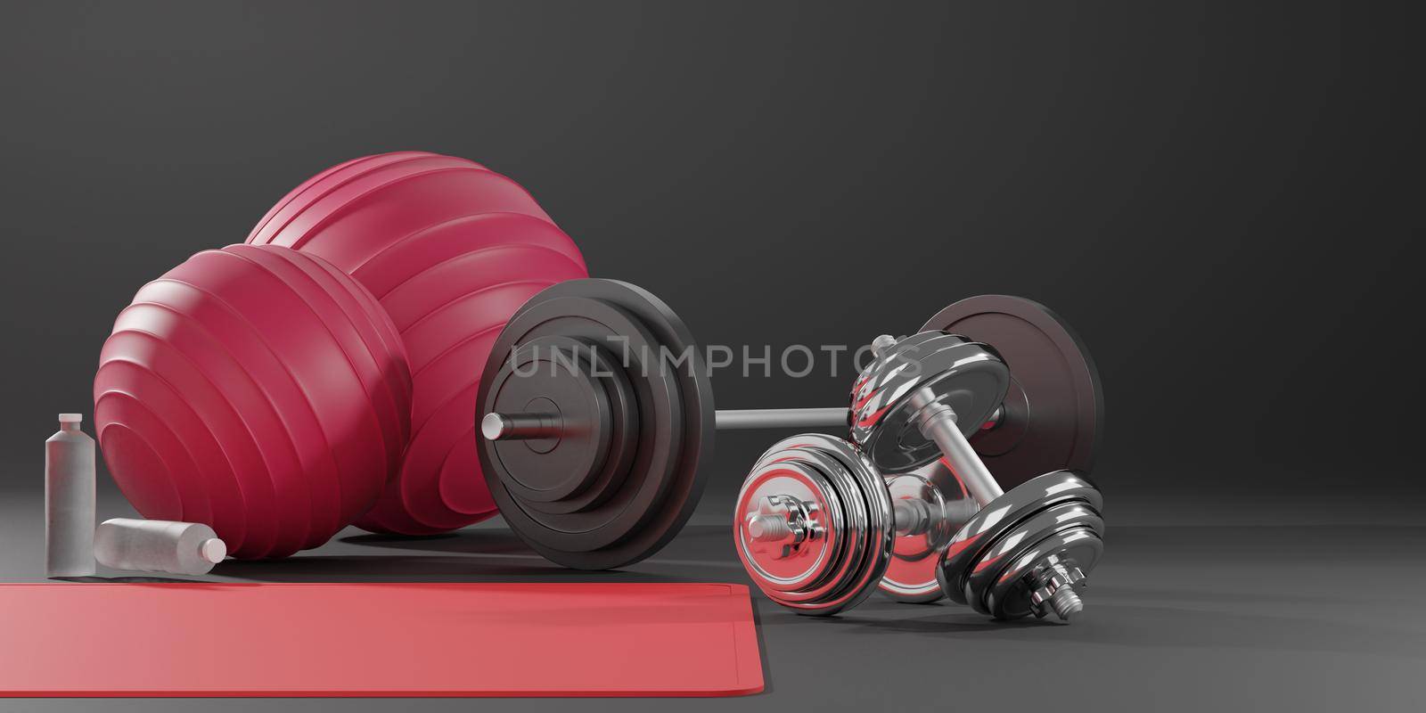 Sport fitness equipment, yoga mat, fitness ball, bottle of water, dumbbells and barbell on black background. 3D rendering.