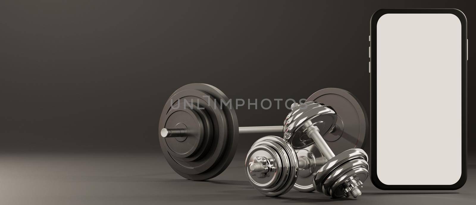 White screen mobile mockup with sport fitness equipment, dumbbells and barbell on black background. 3D rendering. by sirawit99