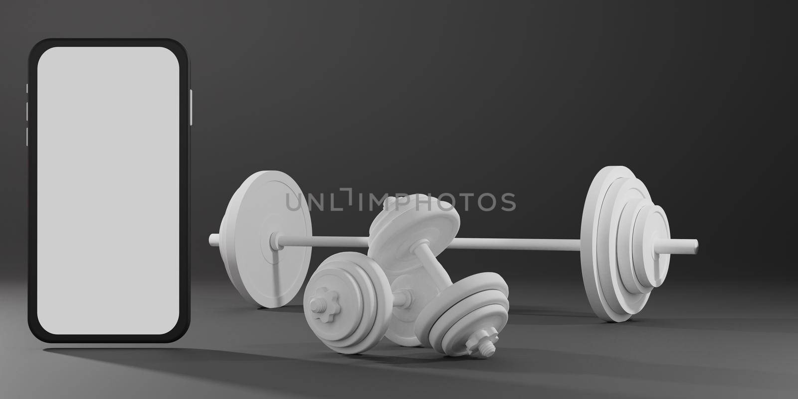 White screen mobile mockup with sport fitness equipment, dumbbells and barbell on black background. 3D rendering.