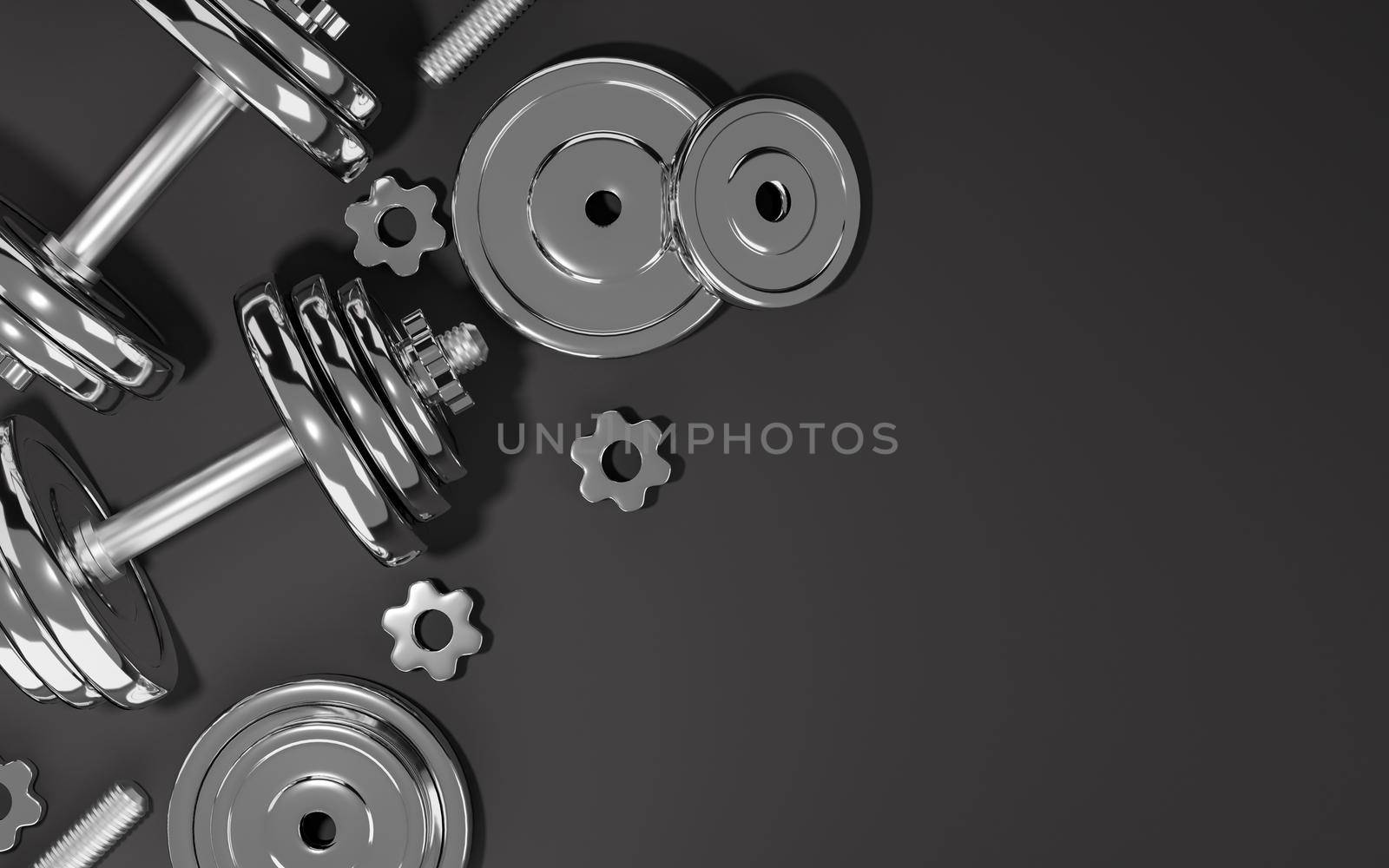 Sport fitness equipment, plates metal dumbbell or barbell on black background, 3D rendering. by sirawit99