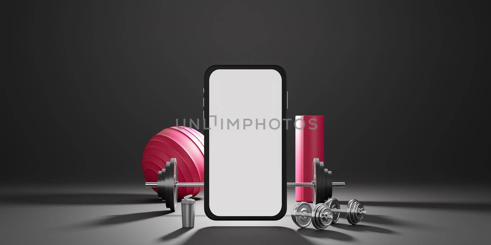 Sport fitness equipment : white screen mobile mockup, red yoga mat, fit ball, bottle of water, dumbbells barbell over black background. 3D rendering. by sirawit99