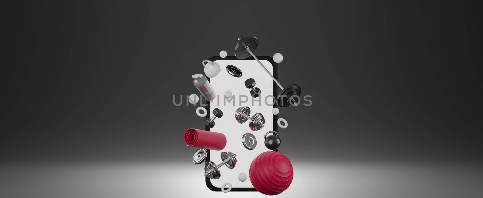Sport fitness equipment : white screen mobile mockup, red yoga mat, fit ball, bottle of water, dumbbells and barbell on black background. 3D rendering.