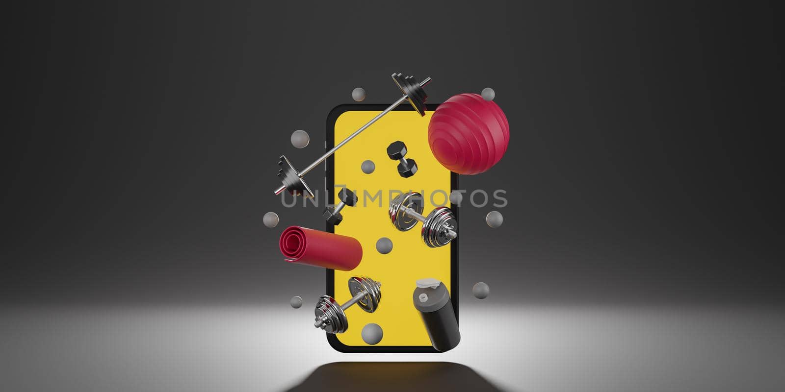 Sport fitness equipment : yellow screen mobile mockup, red yoga mat, fit ball, bottle of water, dumbbells and barbell on black background. 3D rendering.