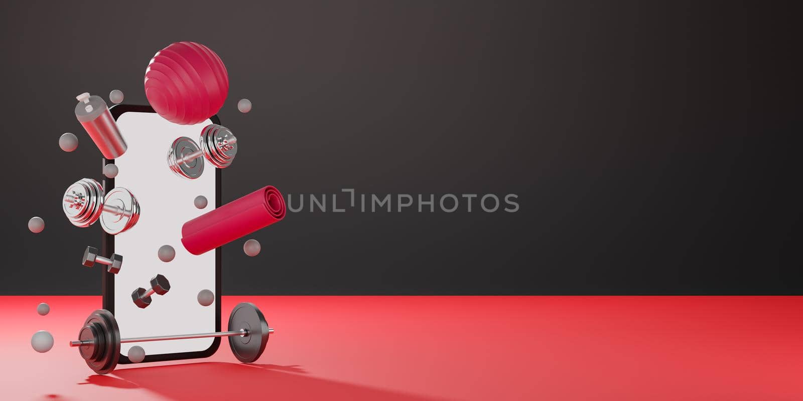 Sport fitness equipment : white screen mobile mockup, red yoga mat, fit ball, bottle of water, dumbbells and barbell on black and red background. 3D rendering. by sirawit99