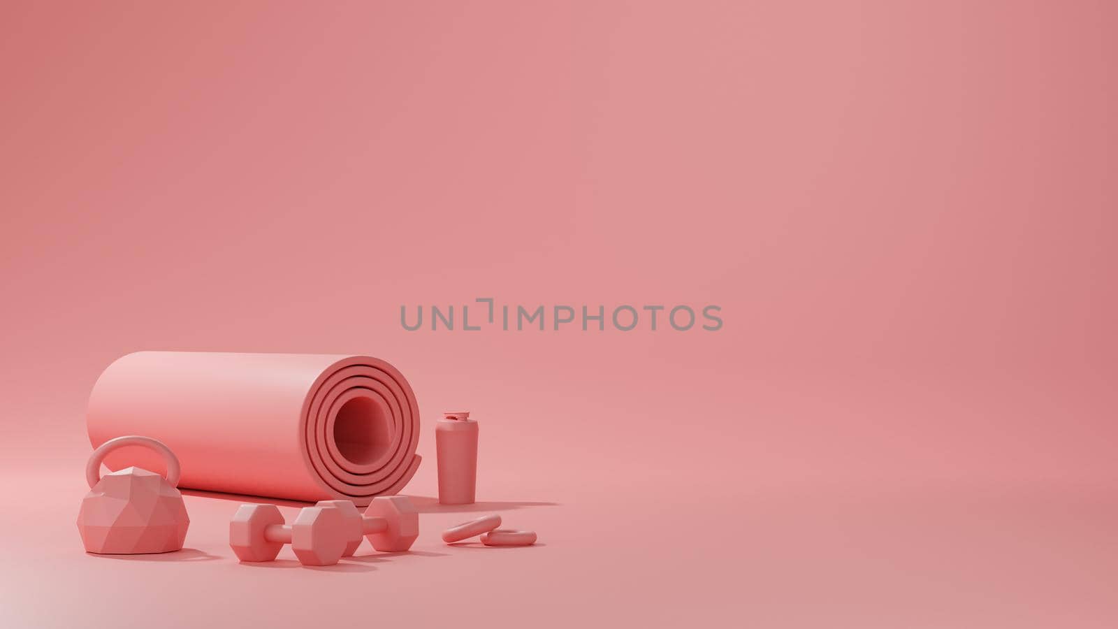 Sport fitness equipment, yoga mat, kettlebell ,bottle of water, dumbbells in pink color.female concept, 3D rendering.