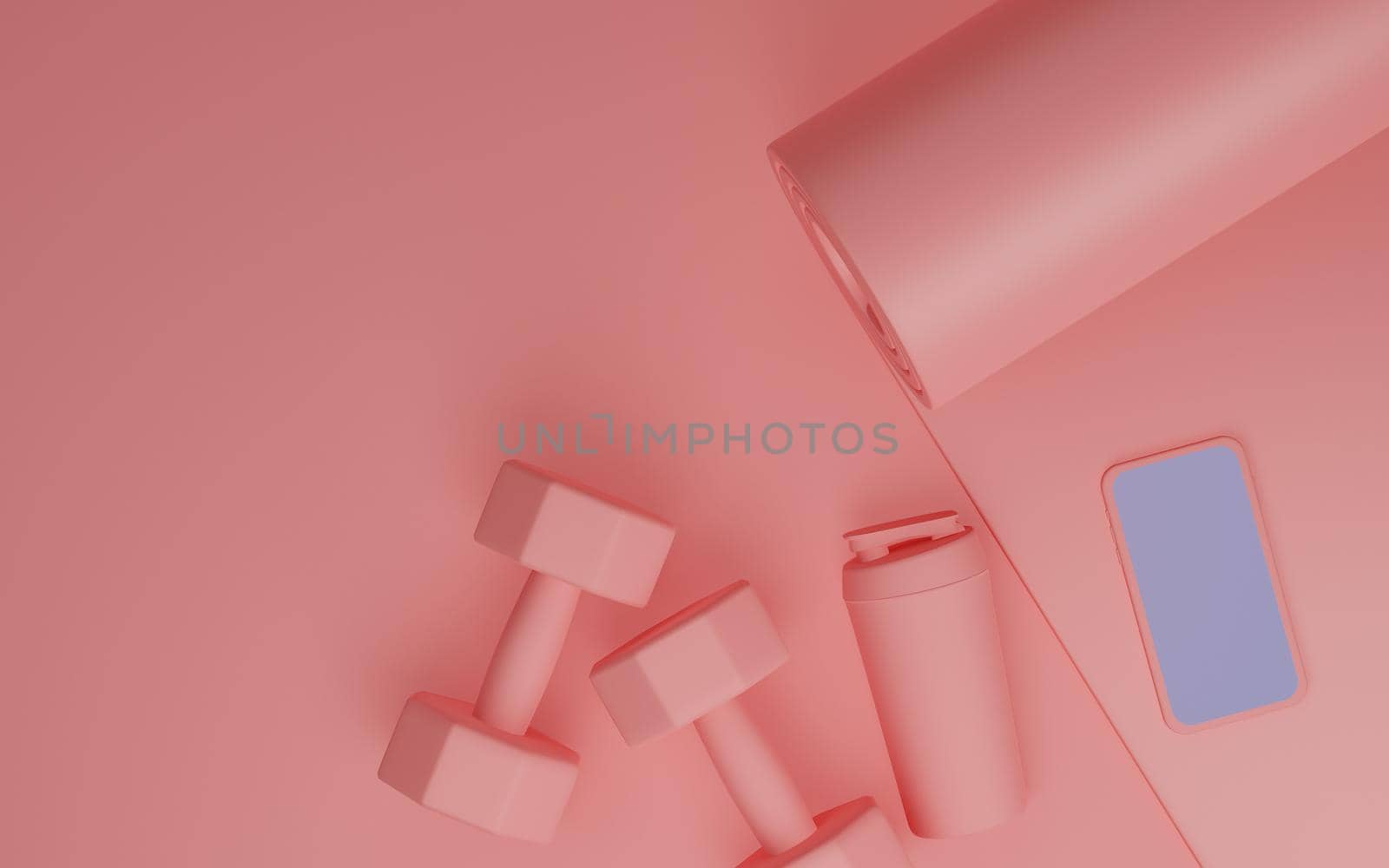 Sport fitness equipment : white screen mobile mockup, yoga mat, ,bottle of water, dumbbells in pink color. female concept, 3D rendering. by sirawit99