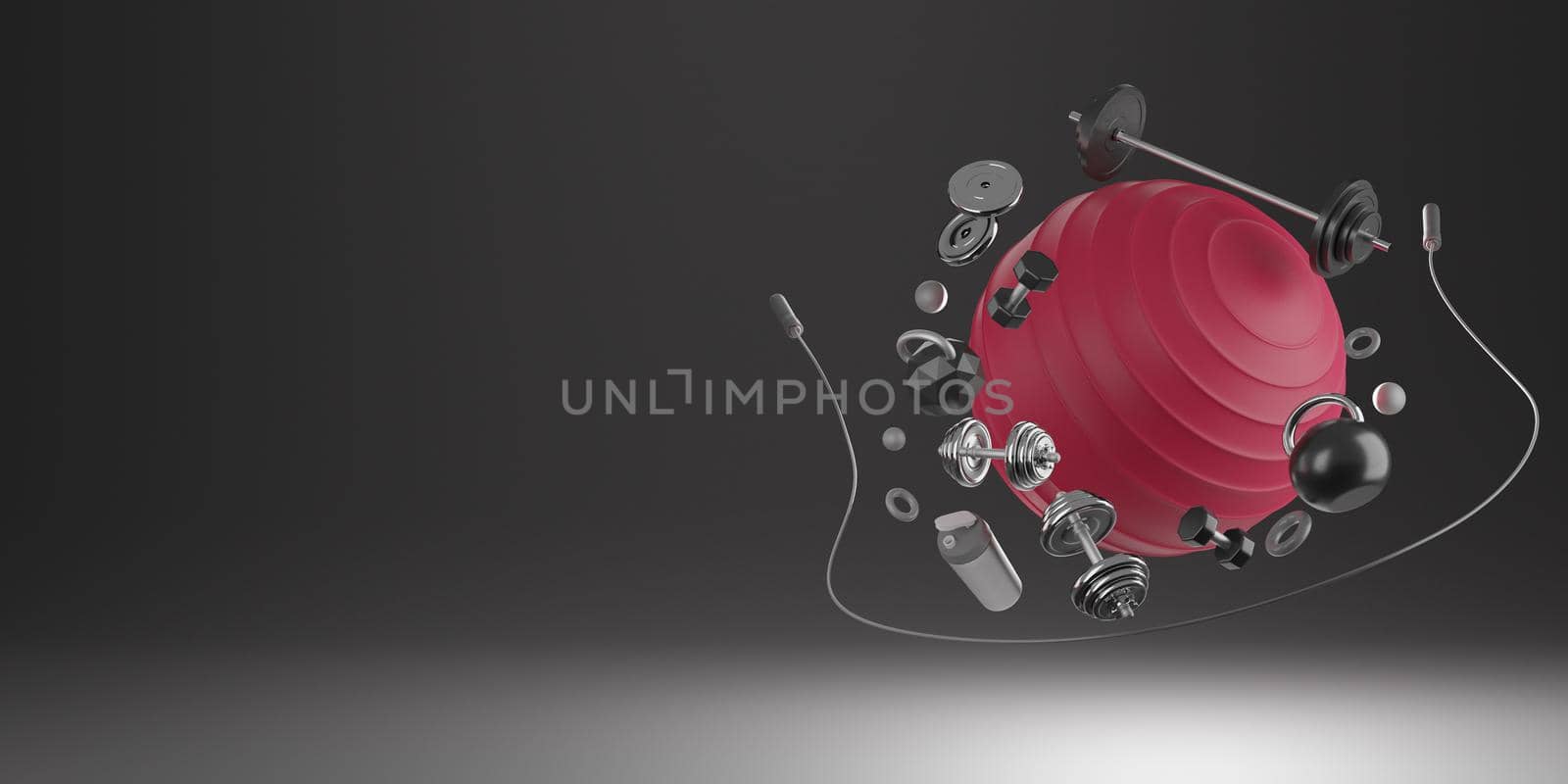 Sport fitness equipment : Red yoga fit ball, bottle of water, dumbbells, skipping rope and barbell on black background. 3D rendering. by sirawit99