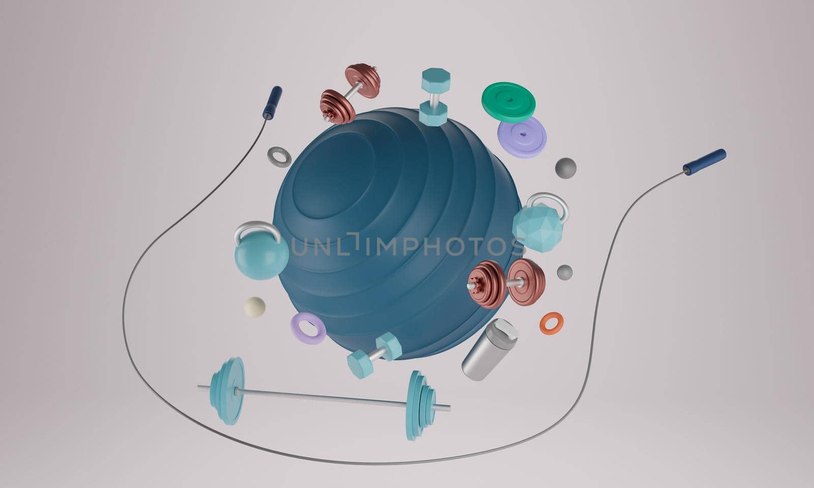 Sport fitness equipment : Blue yoga fit ball, bottle of water, dumbbells, skipping rope and barbell on white background. 3D rendering. by sirawit99