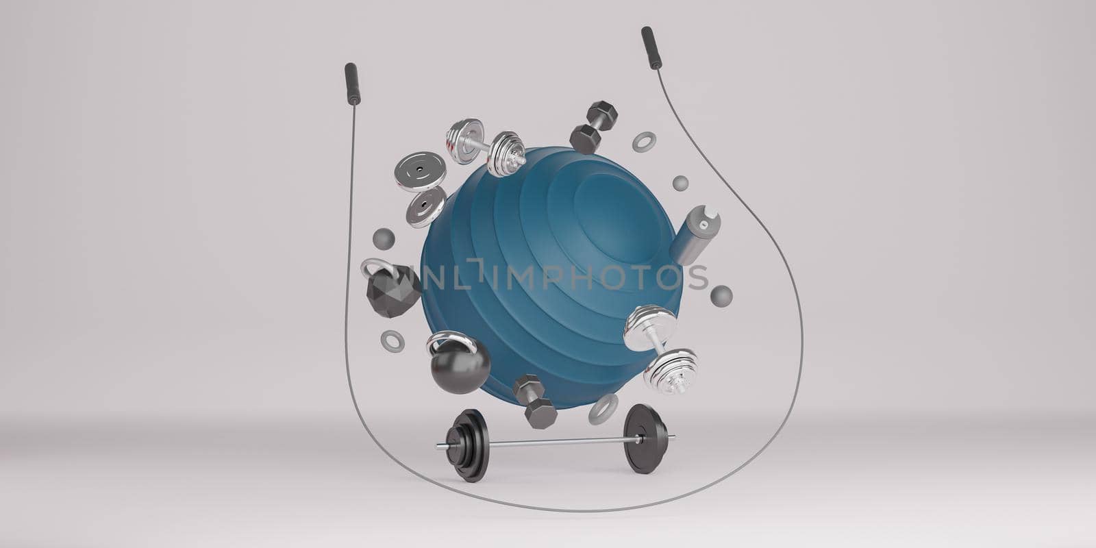 Sport fitness equipment : Blue yoga fit ball, bottle of water, dumbbells, skipping rope and barbell on white background. 3D rendering.