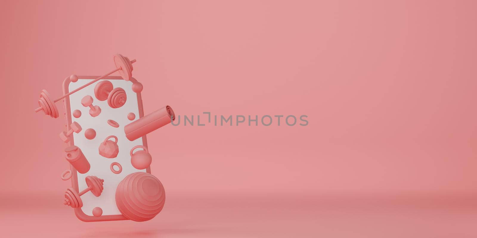 Sport fitness equipment : white screen mobile mockup, red yoga mat, fit ball, bottle of water, dumbbells and barbell on pink background. 3D rendering.