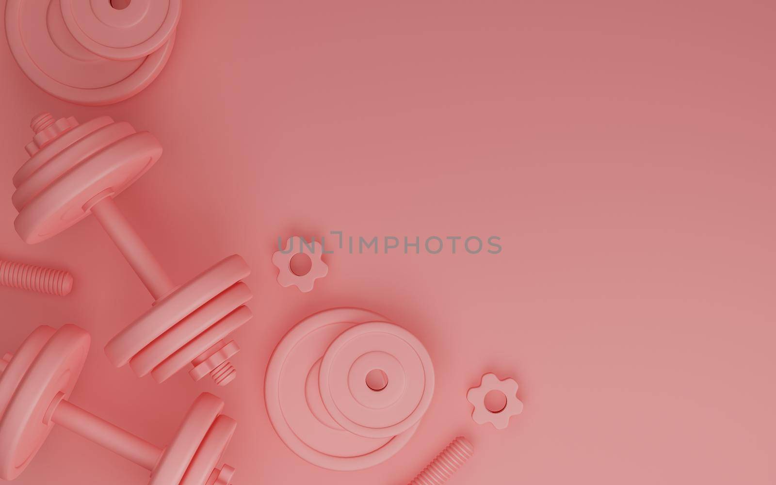 Sport fitness equipment, plates metal dumbbell or barbell on pink color background, 3D rendering. by sirawit99