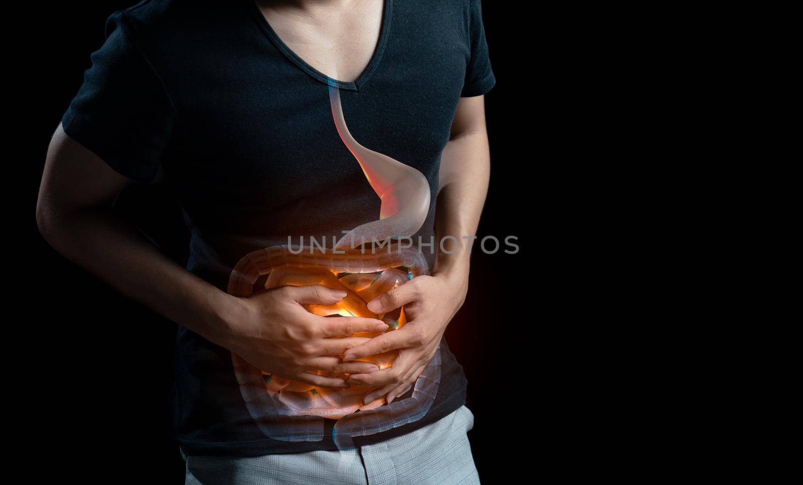 Man abdominal pain, photo of large intestine on body, stomachache diarrhea symptom, menstrual period cramp or food poisoning. Health care concept. by sirawit99