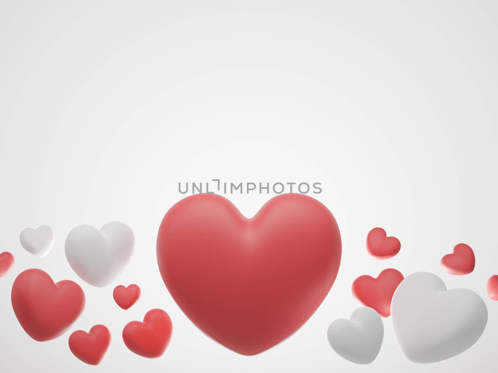 Valentine's Day concept, red and white hearts balloons on white background. 3D rendering.