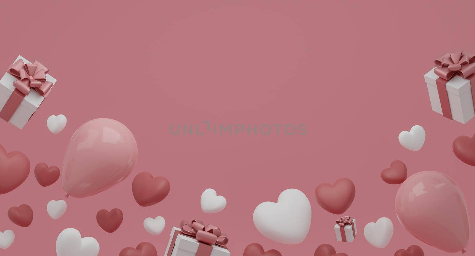 Valentine's Day concept, pink and white hearts balloons with gift box on pink background. 3D rendering.