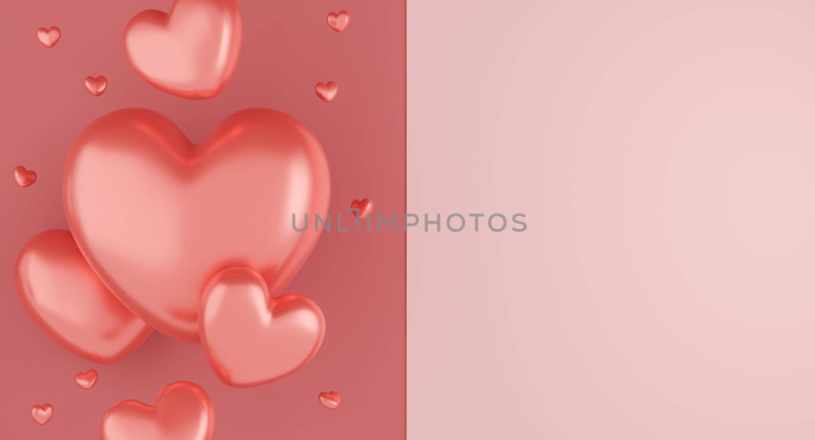 Valentine's Day concept, pink hearts balloons on pink background. 3D rendering.