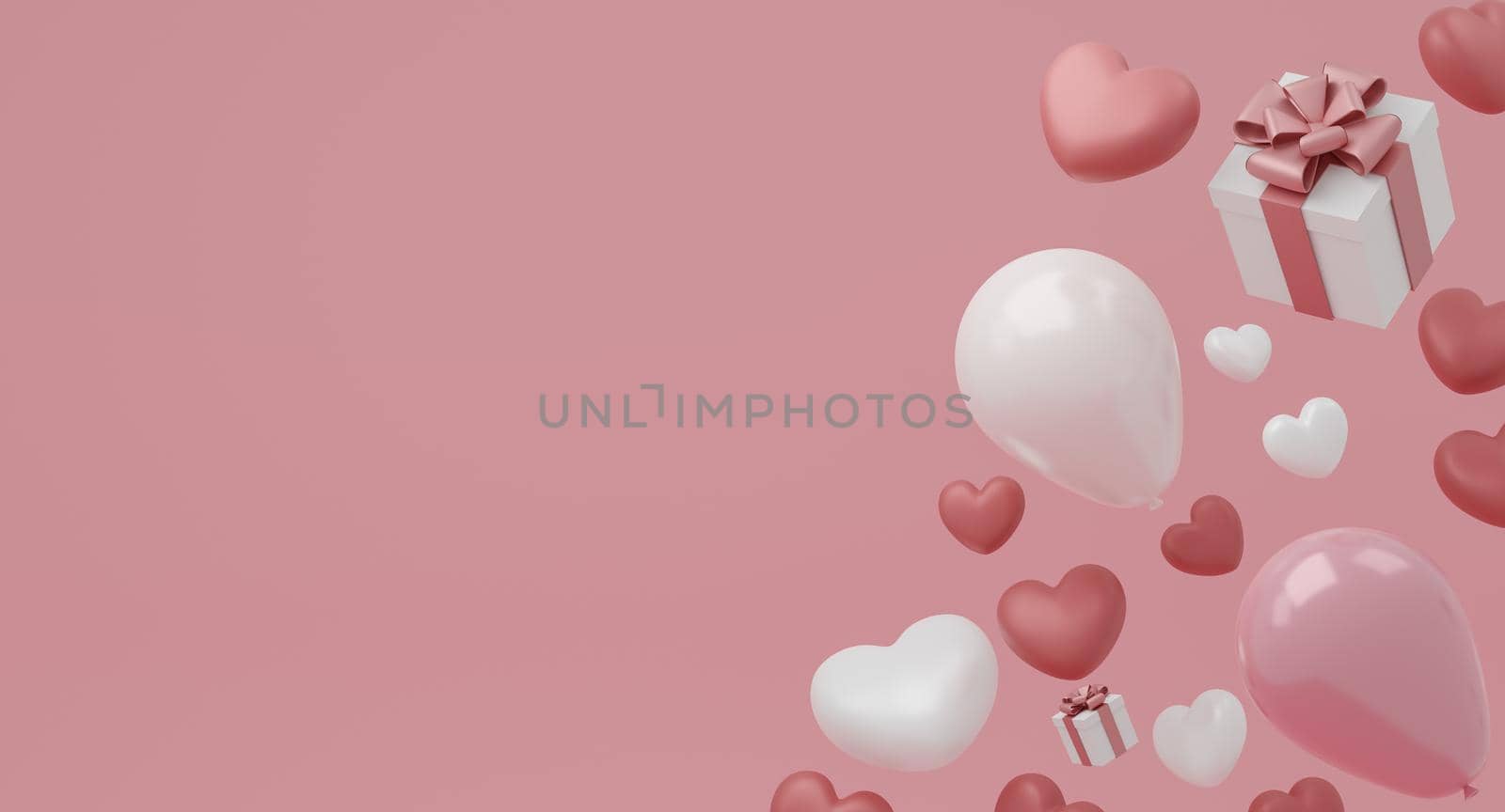 Valentine's Day concept, pink and red hearts balloons and white gift box with ribbon on pink background. 3D rendering. by sirawit99