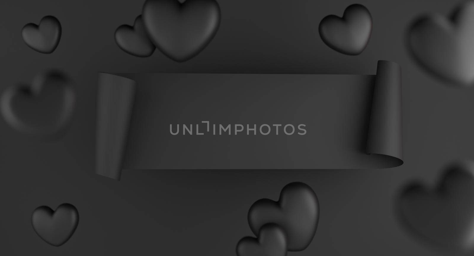 Valentine's Day concept, black hearts balloons with banner on black background. 3D rendering.